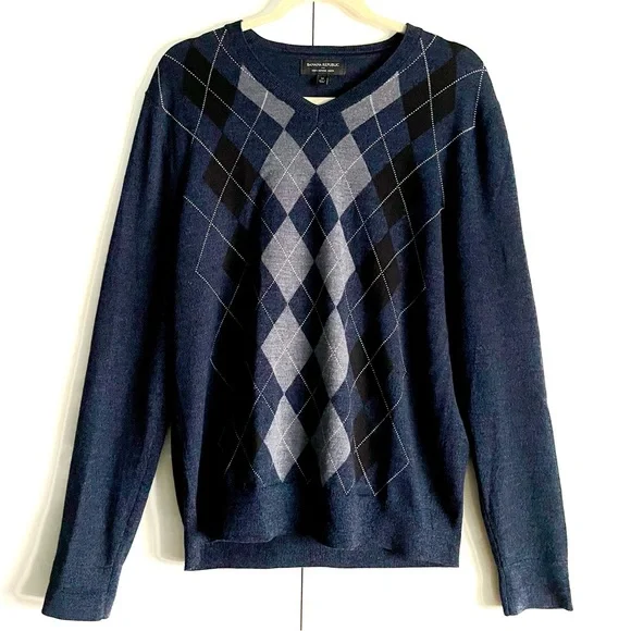 Banana Republic Men's Washable 100% Merino Wool Argyle V-Neck Sweater Size M EUC - Picture 2 of 12